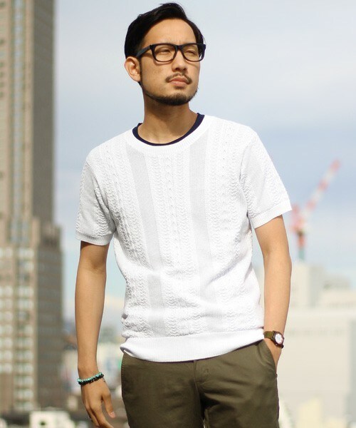 ESSENTIAL GARMENT MEN'S BIGI（エッセンシャルガーメントメンズビギ）の「クルーネック ケーブルニット（半袖）/コットン セーター（ニット/セーター・メンズ・ホワイト/ネイビー/ターコイズブルー・S/M/L）」の2枚目の写真