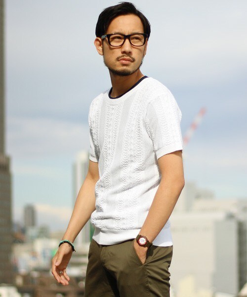 ESSENTIAL GARMENT MEN'S BIGI（エッセンシャルガーメントメンズビギ）の「クルーネック ケーブルニット（半袖）/コットン セーター（ニット/セーター・メンズ・ホワイト/ネイビー/ターコイズブルー・S/M/L）」の7枚目の写真