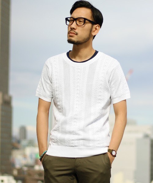 ESSENTIAL GARMENT MEN'S BIGI（エッセンシャルガーメントメンズビギ）の「クルーネック ケーブルニット（半袖）/コットン セーター（ニット/セーター・メンズ・ホワイト/ネイビー/ターコイズブルー・S/M/L）」の5枚目の写真