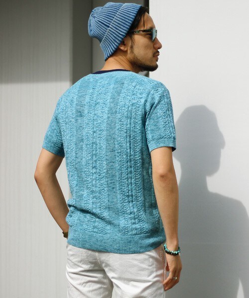 ESSENTIAL GARMENT MEN'S BIGI（エッセンシャルガーメントメンズビギ）の「クルーネック ケーブルニット（半袖）/コットン セーター（ニット/セーター・メンズ・ホワイト/ネイビー/ターコイズブルー・S/M/L）」の10枚目の写真
