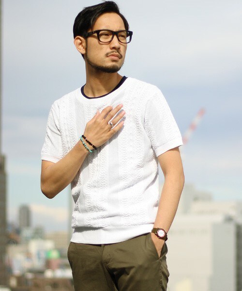 ESSENTIAL GARMENT MEN'S BIGI（エッセンシャルガーメントメンズビギ）の「クルーネック ケーブルニット（半袖）/コットン セーター（ニット/セーター・メンズ・ホワイト/ネイビー/ターコイズブルー・S/M/L）」の6枚目の写真