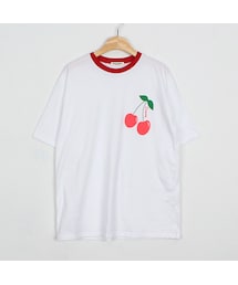 OLDMICKEY  | チェリーイラストプリント配色ネックラインTシャツ(P000BKGL)(Tシャツ/カットソー)