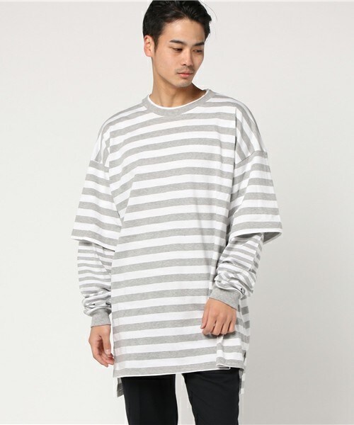 CASPER JOHN AIVER（キャスパージョンアイバー）の「CASPER JOHN AIVER　ボーダーレイヤードビッグTシャツ（Tシャツ/カットソー・メンズ・ホワイト×グレー/ブラック×ホワイト・FREE）」の6枚目の写真