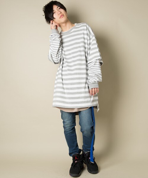 CASPER JOHN AIVER（キャスパージョンアイバー）の「CASPER JOHN AIVER　ボーダーレイヤードビッグTシャツ（Tシャツ/カットソー・メンズ・ホワイト×グレー/ブラック×ホワイト・FREE）」の10枚目の写真