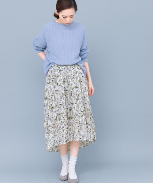 KBF（ケイビーエフ）の「MULTIPLY朦朧植物印花裙（スカート・レディース・粉膚色/綠色/紫色・one）」の9枚目の写真