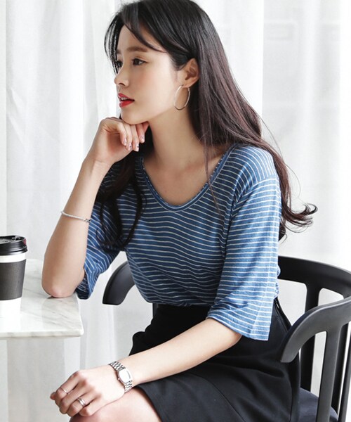 DHOLIC（ディーホリック）の「リネンブレンドボーダーショートスリーブTシャツ（Tシャツ/カットソー・レディース・FREE）」の3枚目の写真