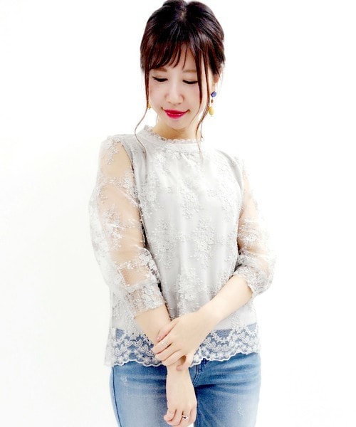 archives（アルシーヴ）の「レースハイネックプルオーバー（シャツ/ブラウス・レディース・オフホワイト/ブラック/グレー・MEDIUM）」の3枚目の写真