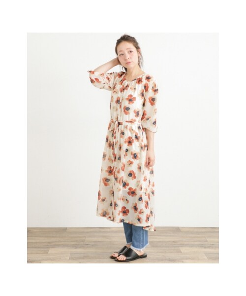 O707アーバンリサーチロングシャツワンピースブラウンベージュ花柄長袖コットン綿 シャツワンピース 花柄ロングガウンシャツワンピース レディース