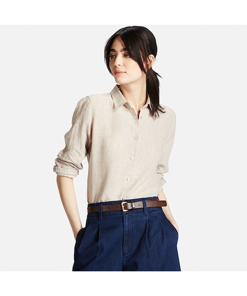 UNIQLO（ユニクロ）の「プレミアムリネンシャツ（長袖）（シャツ/ブラウス・レディース・NAVY 69/BEIGE 31/BLUE 68/LIGHT GRAY 02/PURPLE 71/WHITE 00/GREEN 52/YELLOW 42/OLIVE 56/PINK 10/LIGHT ORANGE 21/LIGHT BLUE 60・L/XXL/3XL/XL/M/XS/S）」の4枚目の写真