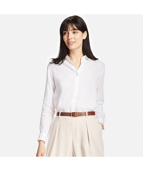 UNIQLO（ユニクロ）の「プレミアムリネンシャツ（長袖）（シャツ/ブラウス・レディース・NAVY 69/BEIGE 31/BLUE 68/LIGHT GRAY 02/PURPLE 71/WHITE 00/GREEN 52/YELLOW 42/OLIVE 56/PINK 10/LIGHT ORANGE 21/LIGHT BLUE 60・L/XXL/3XL/XL/M/XS/S）」の2枚目の写真