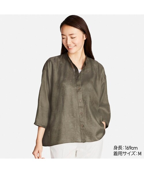 UNIQLO（ユニクロ）の「プレミアムリネンスタンドシャツ（7分袖）＋EC（シャツ/ブラウス・レディース・NAVY 69/OLIVE 56/WHITE 00/BLUE 65・L/XS/XL/M/3XL/S/XXL）」の3枚目の写真