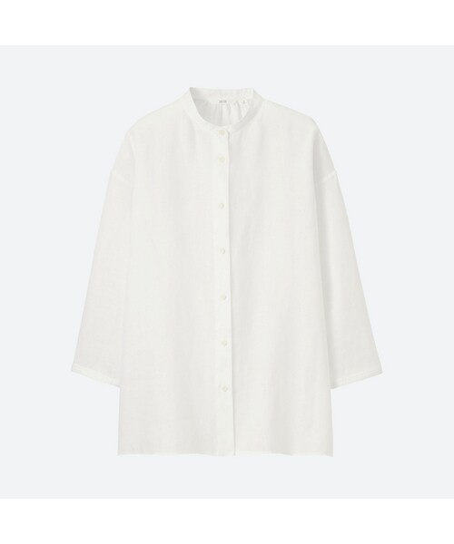 UNIQLO（ユニクロ）の「プレミアムリネンスタンドシャツ（7分袖）＋EC（シャツ/ブラウス・レディース・NAVY 69/OLIVE 56/WHITE 00/BLUE 65・L/XS/XL/M/3XL/S/XXL）」の2枚目の写真