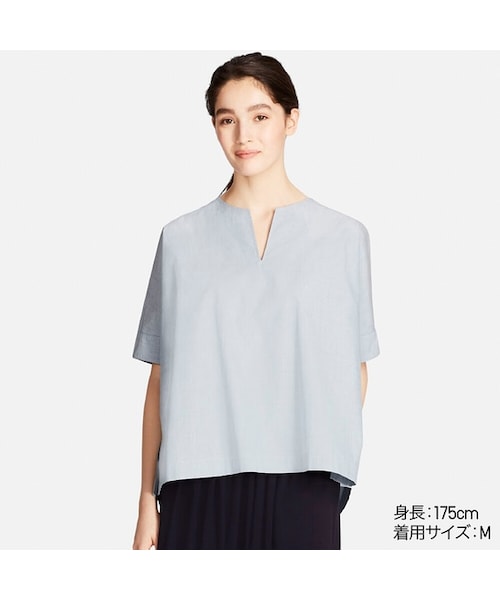 UNIQLO（ユニクロ）の「エクストラファインコットンスリットネックブラウス（半袖）（シャツ/ブラウス・レディース・BEIGE 31/WHITE 00/GREEN 55・XL/S/XXL/M/L/3XL/XS）」の3枚目の写真