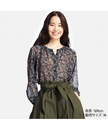 UNIQLO | シフォンプリントギャザーブラウス（フラワー・9分袖）(シャツ/ブラウス)
