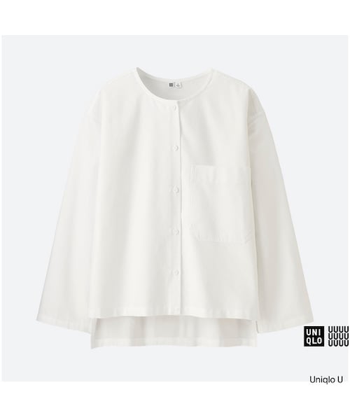UNIQLO（ユニクロ）の「オックスフォードノーカラーシャツ（長袖）＋E（シャツ/ブラウス・レディース・BEIGE 31/BLACK 09/WHITE 00・S/L/M/XL/XXL）」の2枚目の写真
