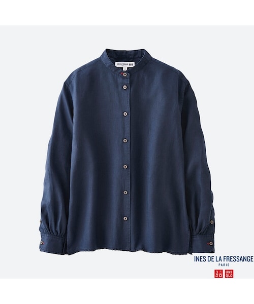 UNIQLO（ユニクロ）の「プレミアムリネンスタンドカラーシャツ（長袖）＋E（シャツ/ブラウス・レディース・BLUE 61/NAVY 69/BLUE 67/OFF WHITE 01・XL/3XL/L/XXL/M/XS/S）」の3枚目の写真