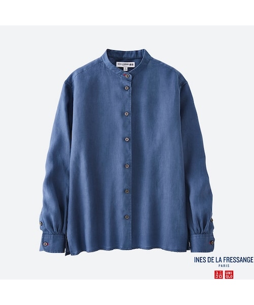 UNIQLO（ユニクロ）の「プレミアムリネンスタンドカラーシャツ（長袖）＋E（シャツ/ブラウス・レディース・BLUE 61/NAVY 69/BLUE 67/OFF WHITE 01・XL/3XL/L/XXL/M/XS/S）」の4枚目の写真