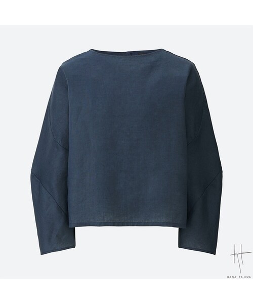 UNIQLO（ユニクロ）の「リネンクロップドブラウス（長袖）＋E（シャツ/ブラウス・レディース・OFF WHITE 01/NAVY 69/ORANGE 24・M/S/L/XL）」の2枚目の写真