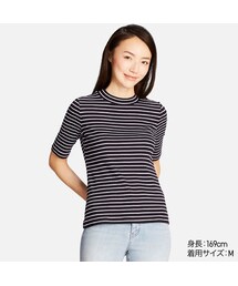 UNIQLO | リブボーダーハイネックT（5分袖）(Tシャツ/カットソー)