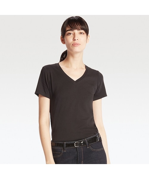 UNIQLO（ユニクロ）の「スーピマコットンVネックT（半袖）＋EC（Tシャツ/カットソー・レディース・OLIVE 57/NAVY 69/ORANGE 27/LIGHT GRAY 02/WHITE 00/BLACK 09・XS/XL/L/XXL/S/M/3XL）」の3枚目の写真