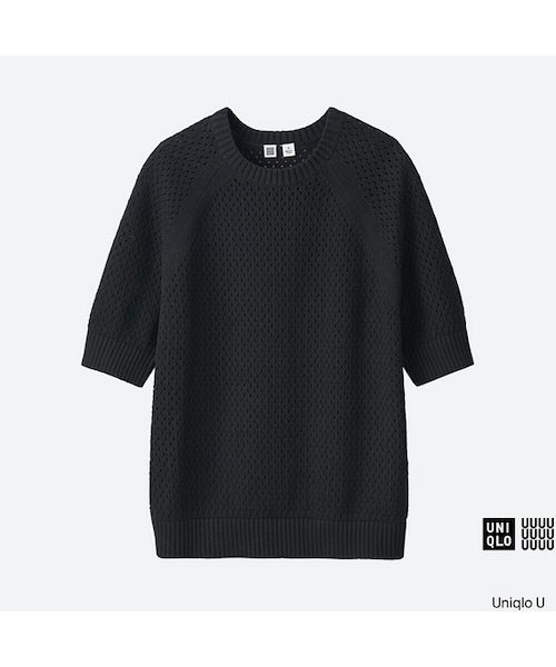 UNIQLO（ユニクロ）の「コットンメッシュクルーネックセーター（5分袖）＋（ニット/セーター・レディース・BROWN 34/BLACK 09/WHITE 00/PINK 10・L/S/XXL/M/XL）」の3枚目の写真
