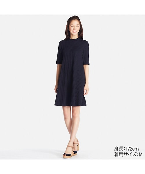 UNIQLO（ユニクロ）の「コットンリブフレアワンピース（5分袖）（ワンピース・レディース・YELLOW 43/NAVY 69/PINK 12/GRAY 03・XS/XXL/XL）」の3枚目の写真