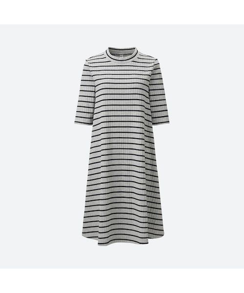 UNIQLO（ユニクロ）の「コットンリブフレアボーダーワンピース（5分袖）（ワンピース・レディース・OFF WHITE 01/BLACK 09/GRAY 03・XXL/XL/XS）」の3枚目の写真