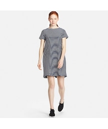 UNIQLO | ジャカードAラインワンピース（ボーダー・半袖）(ワンピース)