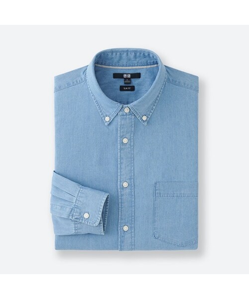 UNIQLO（ユニクロ）の「デニムスリムフィットシャツ（長袖）＋E（シャツ/ブラウス・メンズ・BLUE 65/BLUE 68/BLUE 63・M/XS/4XL/L/XXL/3XL/XL/S）」の3枚目の写真