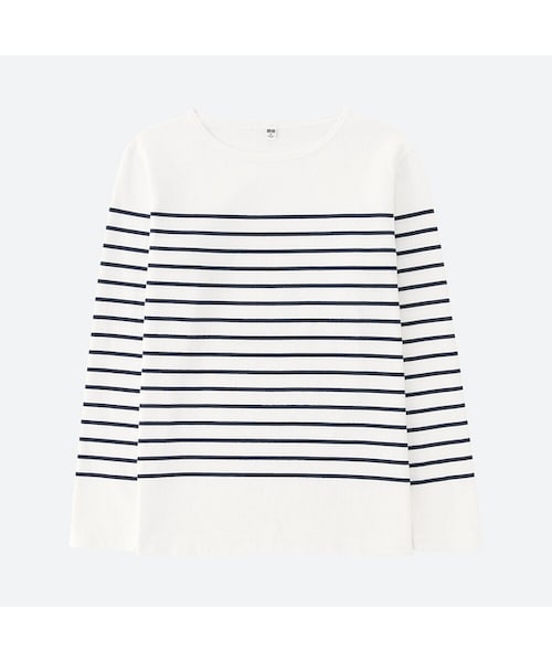 UNIQLO（ユニクロ）の「ウォッシュボーダーT（長袖）（Tシャツ/カットソー・メンズ・BLUE 66/NAVY 69/WHITE 00/BEIGE 31・L/XXL/3XL/M/XL/XS/S/4XL）」の2枚目の写真