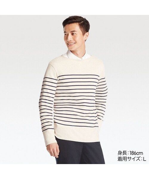 UNIQLO（ユニクロ）の「ウォッシュボーダーT（長袖）（Tシャツ/カットソー・メンズ・BLUE 66/NAVY 69/WHITE 00/BEIGE 31・L/XXL/3XL/M/XL/XS/S/4XL）」の3枚目の写真