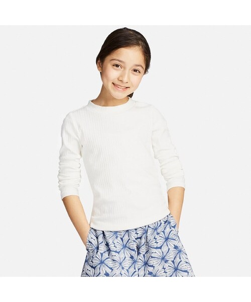 UNIQLO（ユニクロ）の「GIRLS リブTシャツ（長袖）（Tシャツ/カットソー・キッズ・ORANGE 27/NAVY 69/GRAY 03/OFF WHITE 01・150/110/140/130/100/120/160）」の2枚目の写真