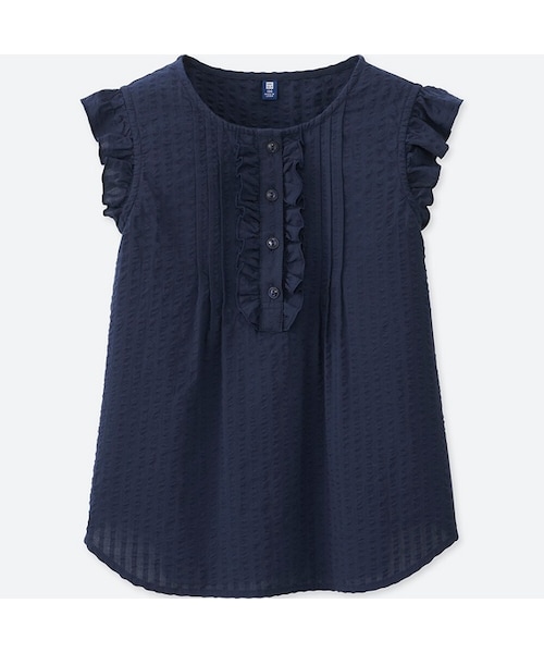 UNIQLO（ユニクロ）の「GIRLS フリルブラウス（半袖）（シャツ/ブラウス・キッズ・WHITE 00/NAVY 69・150/140/100/110/120/160/130）」の2枚目の写真