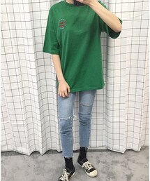 OLDMICKEY  | レタリング刺繡オーバーフィットボーダー半袖Tシャツ(P000BKLI)(Tシャツ/カットソー)