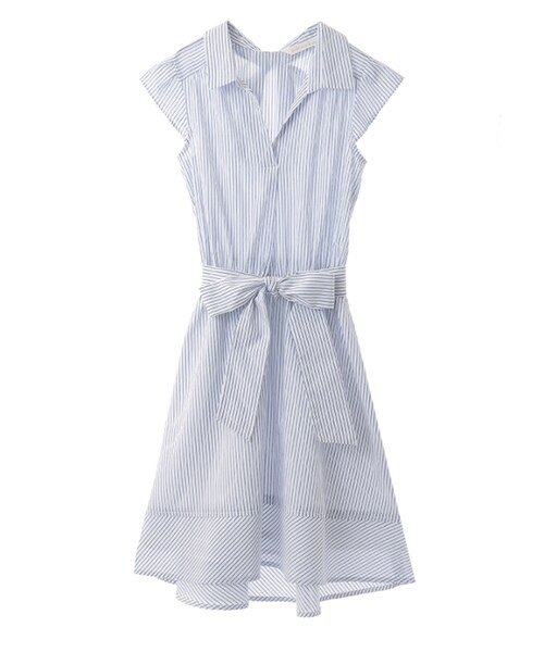 31 Sons de mode（トランテアン　ソン　ドゥ　モード）の「シャツ地襟付ノースリーブウエストリボンワンピース（ワンピース/ドレス・レディース・スタッフ身長:162cm/ブルー/オフホワイト・36/38）」の2枚目の写真