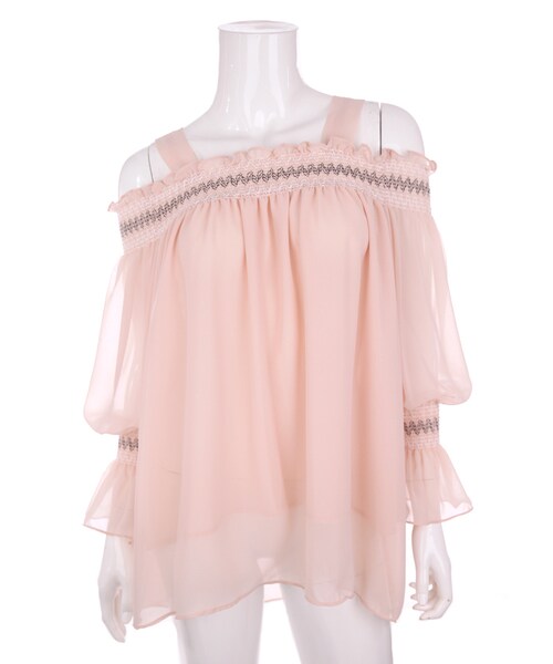 Bobon21（ボボンニジュウイチ）の「シフォンオフショルトップス（Tシャツ/カットソー・レディース・ピンク/ダスティーブルー・F）」の2枚目の写真