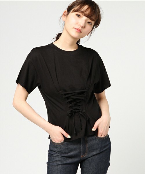 archives（アルシーヴ）の「コルセット風レースアップＴシャツ（Tシャツ/カットソー・レディース・オフホワイト/ブラック/サックスブルー・MEDIUM）」の2枚目の写真