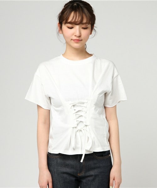 archives（アルシーヴ）の「コルセット風レースアップＴシャツ（Tシャツ/カットソー・レディース・オフホワイト/ブラック/サックスブルー・MEDIUM）」の4枚目の写真