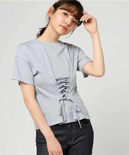 archives（アルシーヴ）の「コルセット風レースアップＴシャツ（Tシャツ/カットソー・レディース・オフホワイト/ブラック/サックスブルー・MEDIUM）」の3枚目の写真