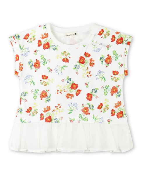 BRANSHES(ブランシェス)の「裾フリル×リボン半袖Tシャツ(Tシャツ/カットソー・キッズ・オフホワイト/ネイビーブルー/杢グレー・80~150)」の1枚目の写真