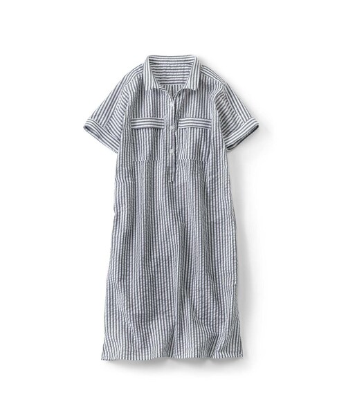 Live In Comfort リブインコンフォート の リブ イン コンフォート コットン100 の サッカー素材がさわやかな ストライプワンピース ホワイト グレー ワンピース Wear