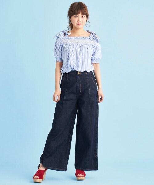 MAJESTIC LEGON（マジェスティックレゴン）の「後ろ刺繍デニムワイド（パンツ・レディース・ネイビー/サックス/ブルー・M/L）」の4枚目の写真