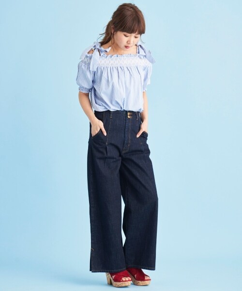 MAJESTIC LEGON（マジェスティックレゴン）の「後ろ刺繍デニムワイド（パンツ・レディース・ネイビー/サックス/ブルー・M/L）」の5枚目の写真