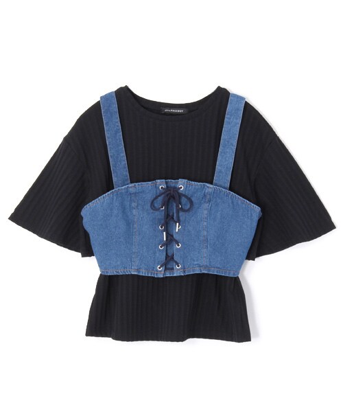 PAGEBOY(ページボーイ)の「インナーTシャツ&編み上げビスチェセット(トップス・レディース・ダークブラウン/ブルー/グリーン系)」の3枚目の写真