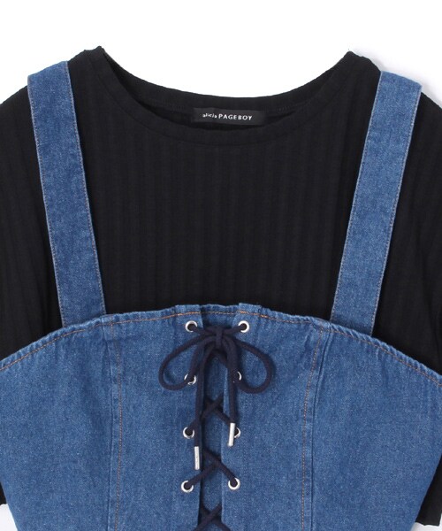 PAGEBOY(ページボーイ)の「インナーTシャツ&編み上げビスチェセット(トップス・レディース・ダークブラウン/ブルー/グリーン系)」の5枚目の写真