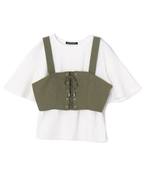 PAGEBOY(ページボーイ)の「インナーTシャツ&編み上げビスチェセット(トップス・レディース・ダークブラウン/ブルー/グリーン系)」の2枚目の写真