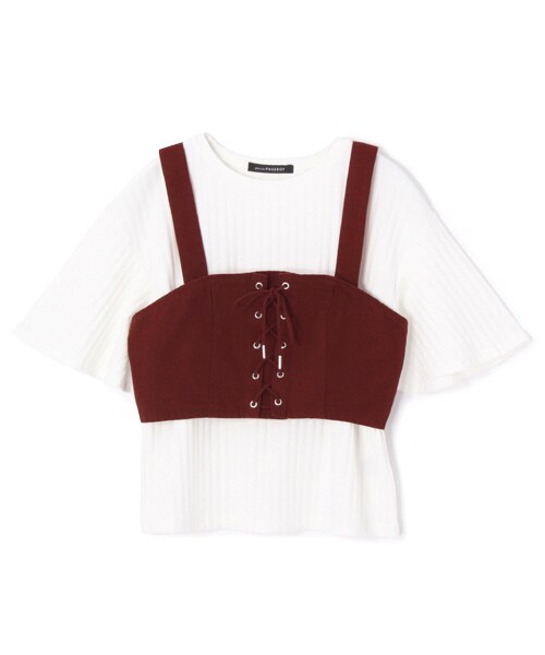 PAGEBOY(ページボーイ)の「インナーTシャツ&編み上げビスチェセット(トップス・レディース・ダークブラウン/ブルー/グリーン系)」の1枚目の写真