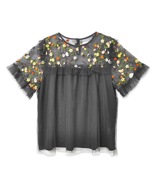 flower（フラワー）の「crazy flower emb top～ｸﾚｲｼﾞｰﾌﾗﾜｰｴﾝﾌﾞﾛｲﾀﾞﾘｰﾄｯﾌﾟ（Tシャツ/カットソー・レディース・white/black・FREE）」の2枚目の写真
