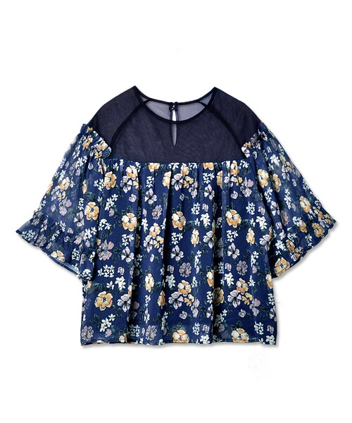 flower（フラワー）の「drawing flower top～ﾄﾞﾛｰｲﾝｸﾞﾌﾗﾜｰﾄｯﾌﾟ（Tシャツ/カットソー・レディース・yellow/navy・FREE）」の2枚目の写真