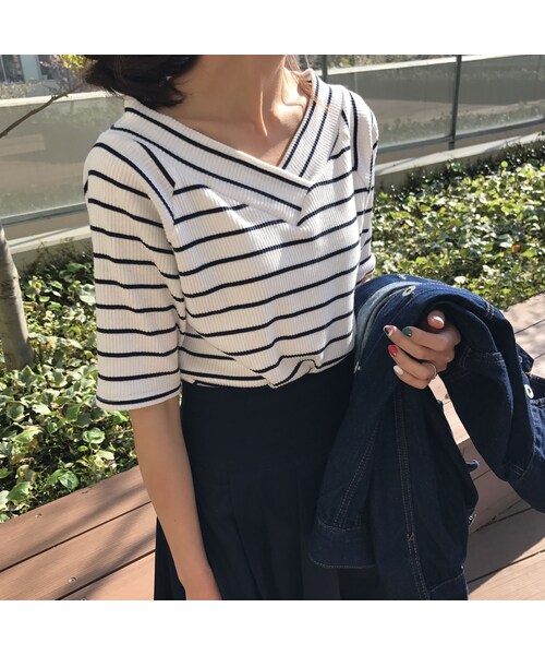 copine(コピン)の「【期間限定価格】2WAYシンプルボーダーVネックTシャツ(3color)【クリックポスト対象商品】(Tシャツ/カットソー・レディース・その他)」の8枚目の写真